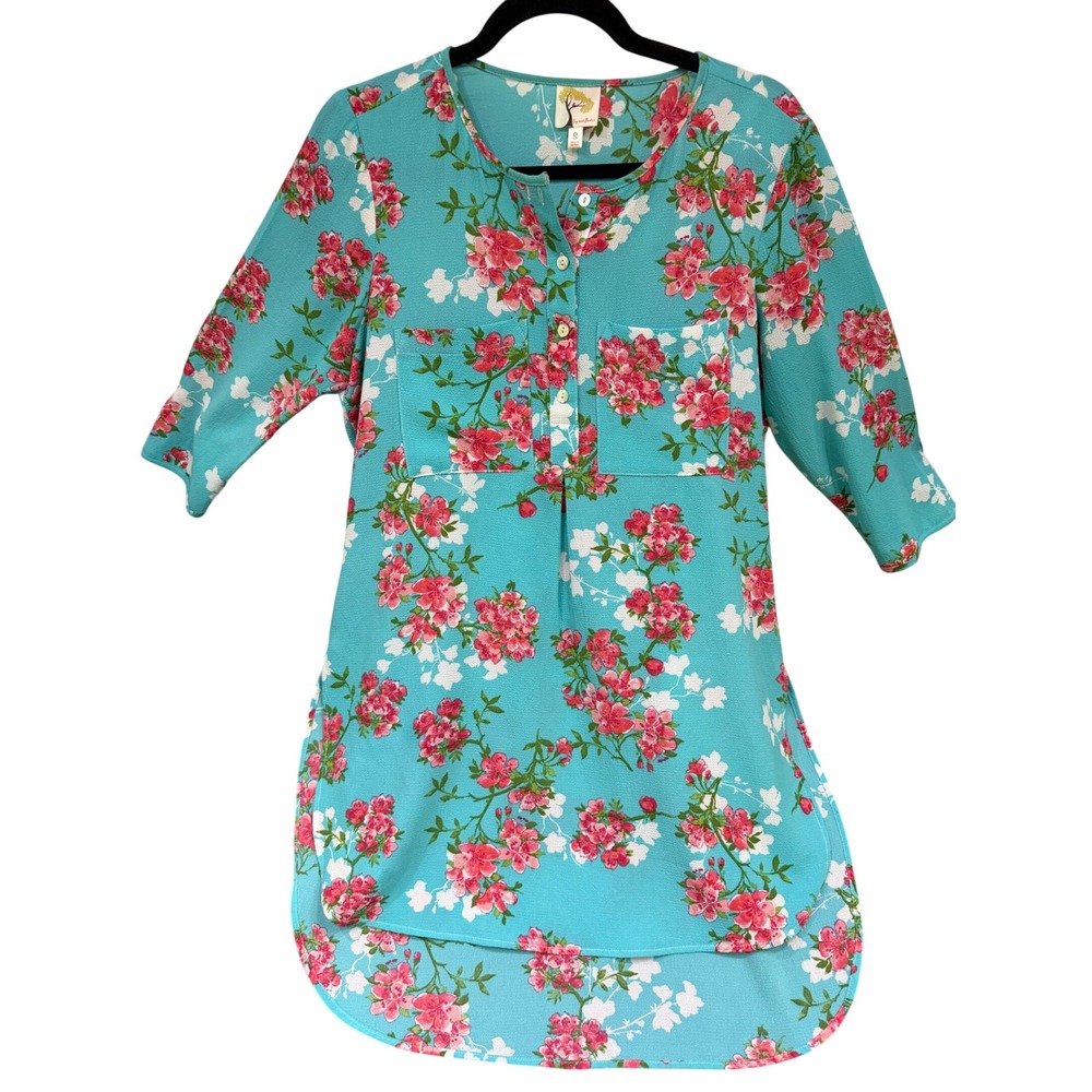 Fig and Flower Floral Tunic Womens Small Blue Pink 3/4 Sleeve High Low Boho Top